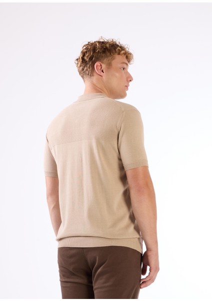 Bej Fermuarlı Polo Yaka Kısa Kollu Örgü Slim Fit Erkek Triko modelleri
