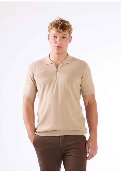 Bej Fermuarlı Polo Yaka Kısa Kollu Örgü Slim Fit Erkek Triko fırsatları