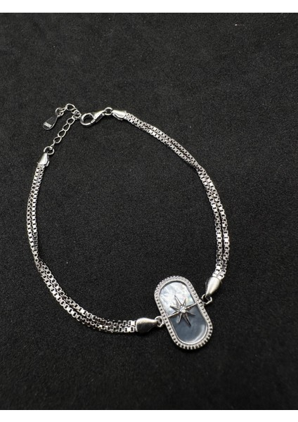 Sedefli Kutup Yıldızı Çift Zincirli Ithal Kadın Gümüş Bileklik