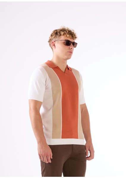 Kiremit Polo V Yaka Blok Desen Kısa Kollu Slim Fit Erkek Triko fiyatları