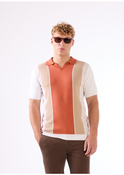 Kiremit Polo V Yaka Blok Desen Kısa Kollu Slim Fit Erkek Triko fırsatları