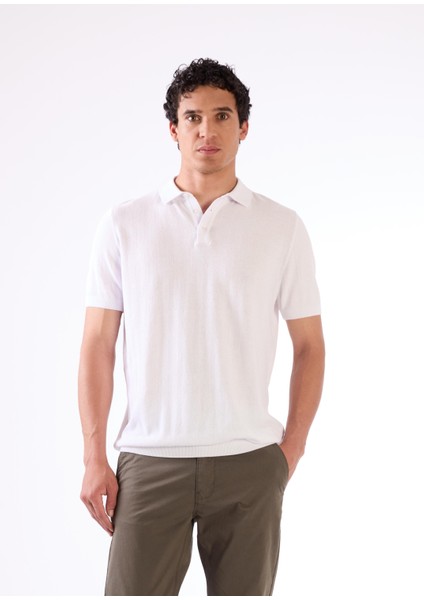 Beyaz Polo Düğme Yaka Düz Renk Slim Fit Erkek Triko