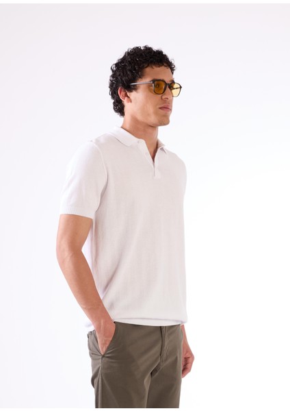 Beyaz Polo Düğme Yaka Düz Renk Slim Fit Erkek Triko fiyatları