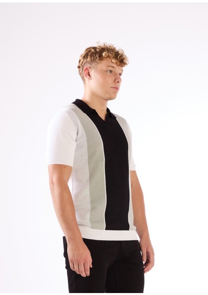 Siyah Polo V Yaka Blok Desen Kısa Kollu Slim Fit Erkek Triko fiyatları