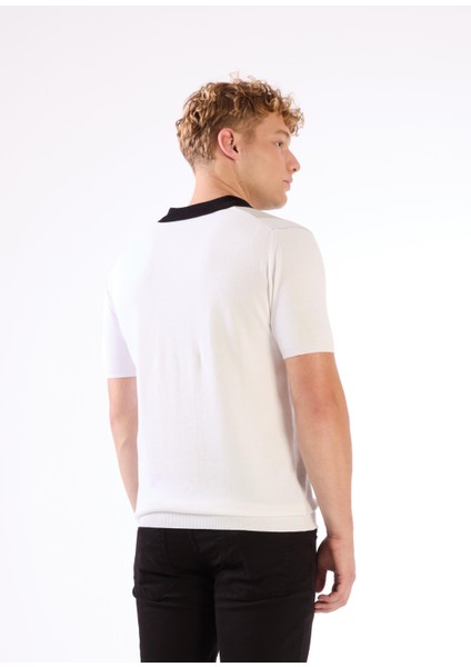 Siyah Polo V Yaka Blok Desen Kısa Kollu Slim Fit Erkek Triko modelleri