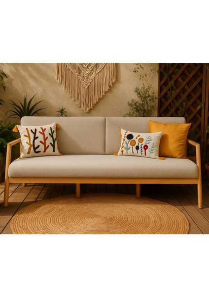 Favela Bohem Üçlü Berjer Natürel Ahşap, Sütlü Kahve