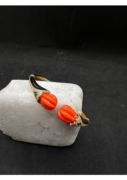 Ithal Gold Yeşil Taşlı Mercanlı Kelepçe