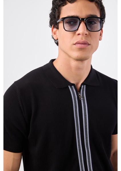 Siyah Polo Fermuar Yaka Düz Kısa Kollu Slim Fit Erkek Triko