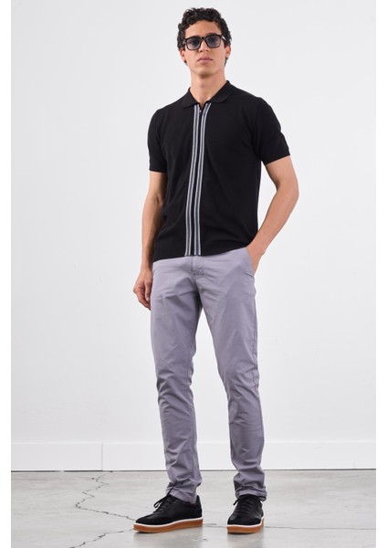 Siyah Polo Fermuar Yaka Düz Kısa Kollu Slim Fit Erkek Triko modelleri