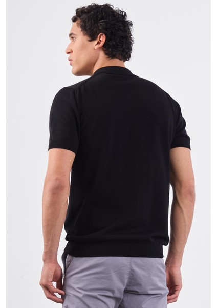 Siyah Polo Fermuar Yaka Düz Kısa Kollu Slim Fit Erkek Triko fırsatları