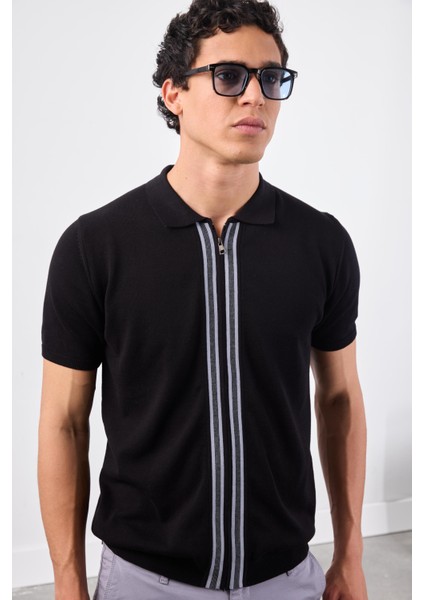 Siyah Polo Fermuar Yaka Düz Kısa Kollu Slim Fit Erkek Triko indirimleri