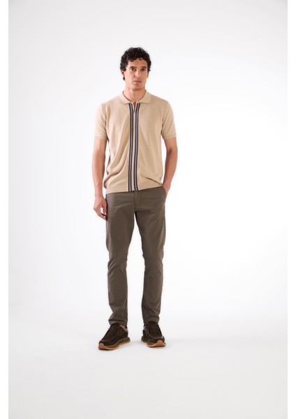 Bej Polo Fermuar Yaka Düz Kısa Kollu Slim Fit Erkek Triko