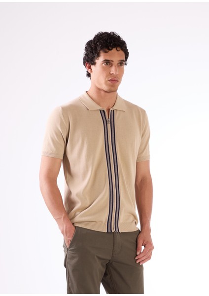 Bej Polo Fermuar Yaka Düz Kısa Kollu Slim Fit Erkek Triko fiyatları