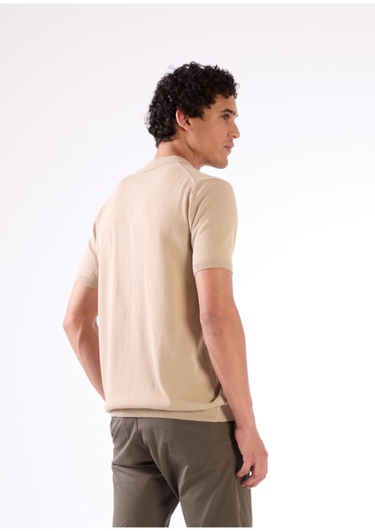 Bej Polo Fermuar Yaka Düz Kısa Kollu Slim Fit Erkek Triko modelleri