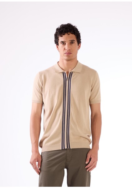 Bej Polo Fermuar Yaka Düz Kısa Kollu Slim Fit Erkek Triko fırsatları
