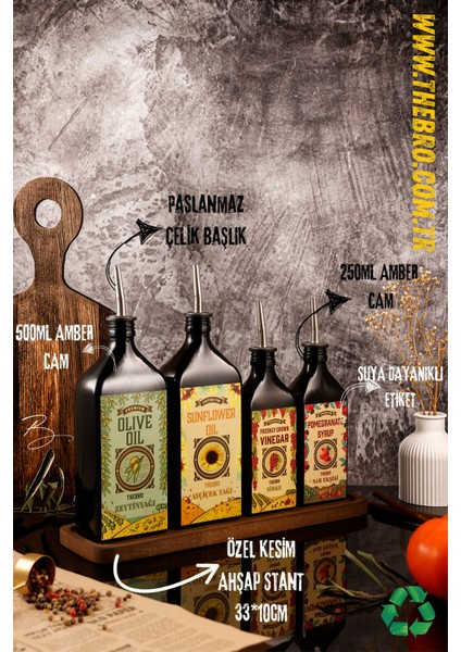 Carmen Serisi Ahşap Stantlı Zeytinyağı,ayçiçek Yağı, Sirke ,nar Ekşisi Şişesi Yağdanlık