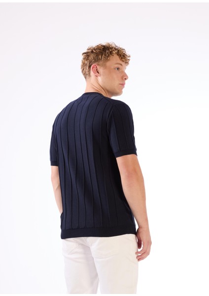 Lacivert Çizgili Desen Kısa Kol Slim Fit Erkek Triko fiyatları