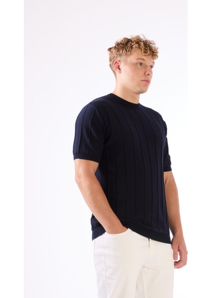 Lacivert Çizgili Desen Kısa Kol Slim Fit Erkek Triko modelleri