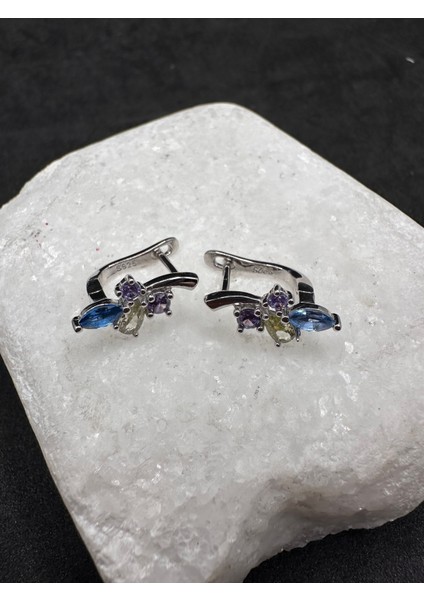 Renkli Taşlı Çiçek Model Ithal Kadın Gümüş Küpe