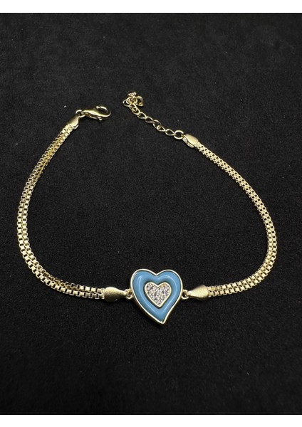 Ortası Taşlı Mavi Kalp Gold Ithal Kadın Gümüş Bileklik modelleri