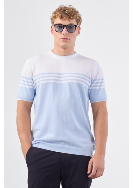 Açık Mavi Çizgili Desen Kısa Kol Slim Fit Erkek Triko