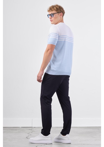 Açık Mavi Çizgili Desen Kısa Kol Slim Fit Erkek Triko modelleri