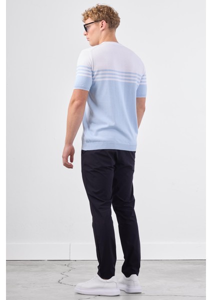 Açık Mavi Çizgili Desen Kısa Kol Slim Fit Erkek Triko fırsatları