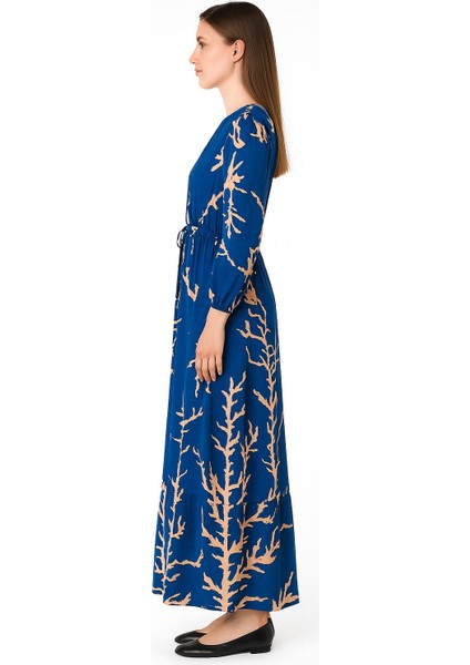 Lacivert Desen Üzerine Işlenmiş Kahve Şık Elbise fiyatları