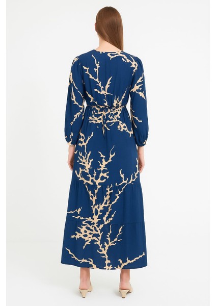 Lacivert Desen Üzerine Işlenmiş Kahve Şık Elbise modelleri