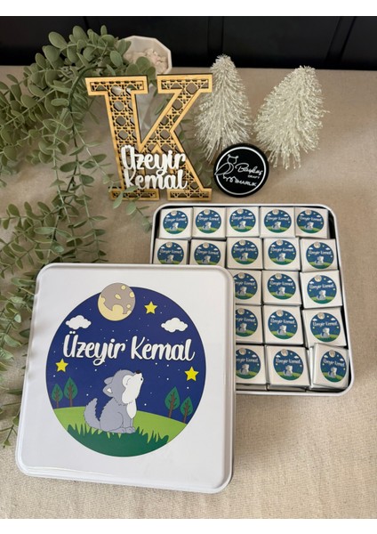 Isimli Yeni Doğan Bebek Mevlid Hediyelik Çikolata-Metal Kutu-Ulu Göktürk Kurtlu Toplam 50 Adet