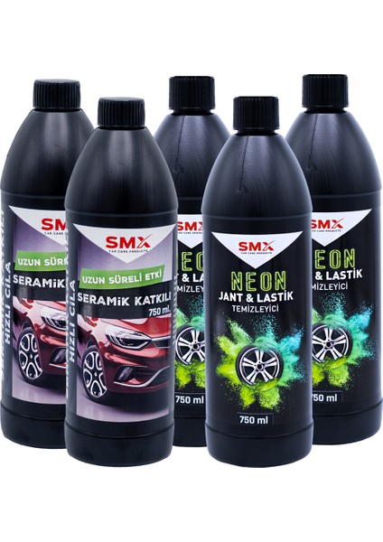 Neon Jant & Lastik Temizleyici 750 ml 3 Adet + Seramik Katkılı Hızlı ve Pratik Cila 750 ml 2 Adet