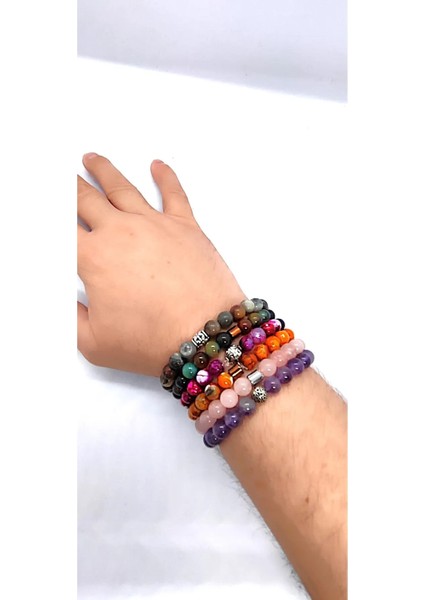 Ametist & Pembe Kuvars & 3 Adet Akik & Jasper 6’lı Doğal Taş Bileklik Seti Hediye Aksesuar Kombin
