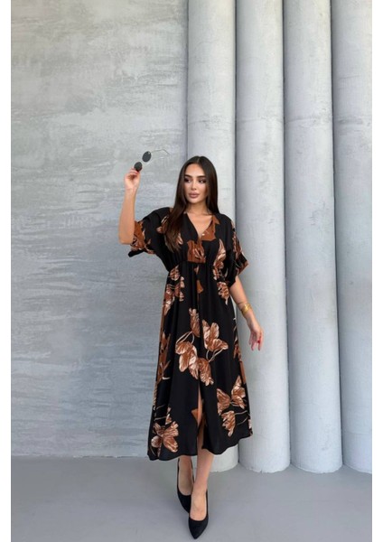 Kısa Kollu Beli Lastikli Desenli Midi Elbise fiyatları