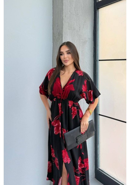 Kısa Kollu Beli Lastikli Desenli Midi Elbise