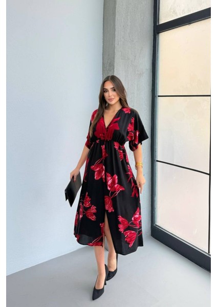 Kısa Kollu Beli Lastikli Desenli Midi Elbise fiyatları