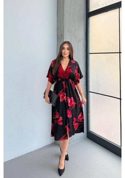 Kısa Kollu Beli Lastikli Desenli Midi Elbise modelleri