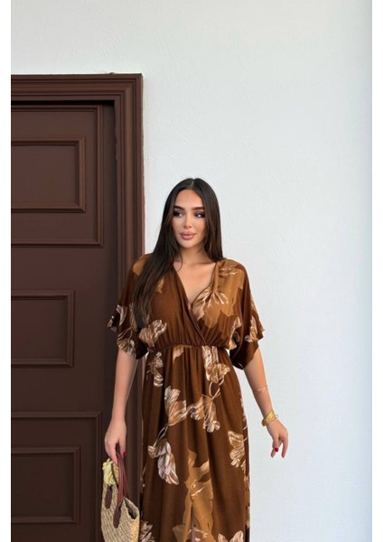 Kısa Kollu Beli Lastikli Desenli Midi Elbise fiyatları