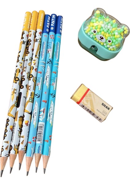 6 Adet Kurşun Kalem, 1 Adet Silka Pastel Silgi ve 1 Adet Kalemtıraş Kırtasiye Seti