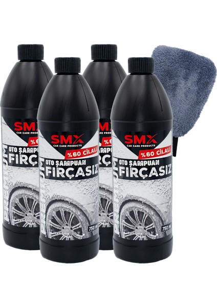 Premium %60 Cilalı Fırçasız Oto Şampuanı 4 Adet + Mikrofiber Oto Yıkama Eldiveni