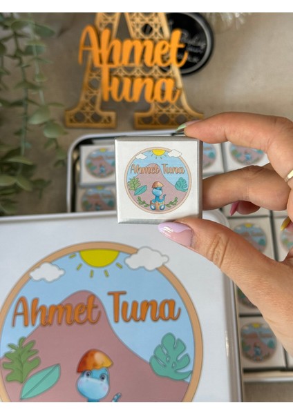 Isimli Yeni Doğan Bebek Mevlüd Hediyelik Çikolata-Metal Kutu-Dinazorlu Safari - Toplam 50 Adet