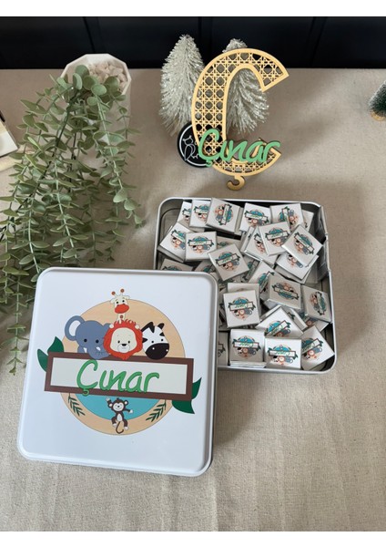 Isimli Yeni Doğan Bebek Mevlüd Hediyelik Çikolata-Metal Kutu-Daire Safari- Toplam 50 Adet modelleri
