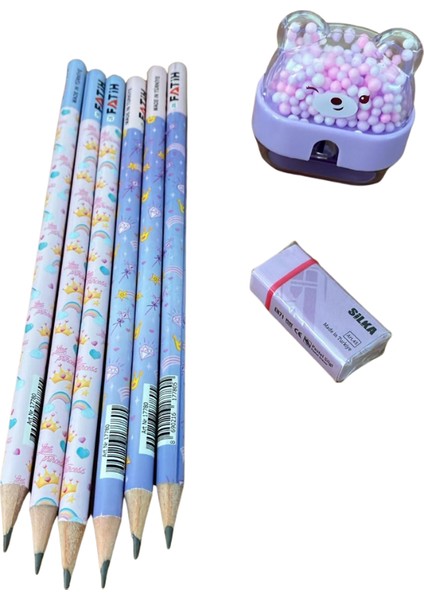 6 Adet Kurşun Kalem, 1 Adet Silka Pastel Silgi ve 1 Adet Kalemtıraş Kırtasiye Seti