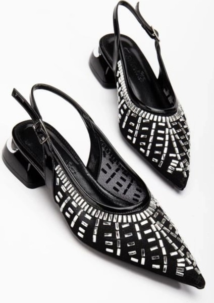 Piyar Siyah Taşlı Topuklu Ayakkabı