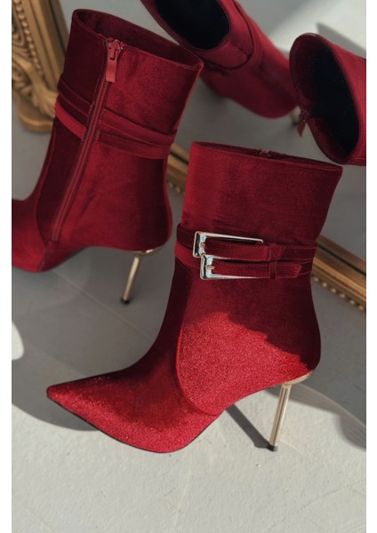 Calindo Kadife Toka Detaylı Kırmızı Kadın Topuklu Bot indirimleri