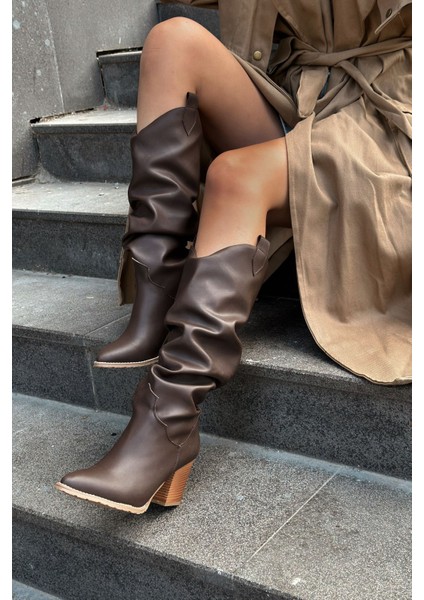 Orsenas Mat Deri Körüklü Kadın Kovboy Çizme Acı Kahve