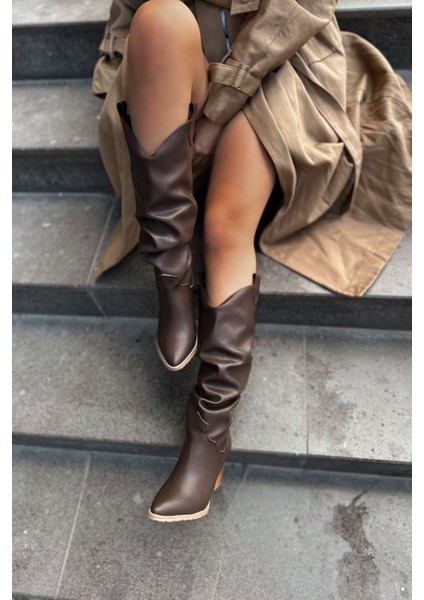Orsenas Mat Deri Körüklü Kadın Kovboy Çizme Acı Kahve modelleri