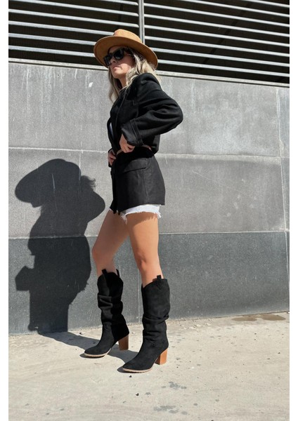 Orsenas Süet Körüklü Kadın Kovboy Çizme Siyah indirimleri