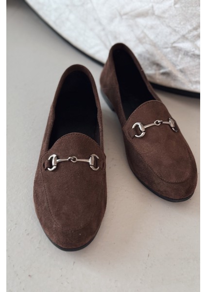 Palvora Hakiki Süet Toka Detaylı Kadın Loafer Acıkahve