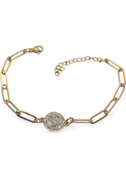 Altın Renk Yuvarlak Beyaz Model Ataç Zincir Çelik Bileklik - 3673