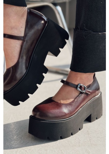 Tinos Mat Deri Bordo Kalın Taban Mary Jane Ayakkabı